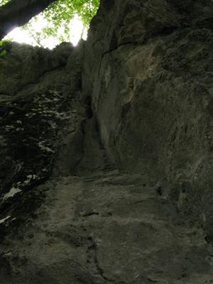 Skalná stena vľavo - porastená vegetáciou (bez skalolezenia); vpravo - holá skala, v dôsledku skalolezeckej činnosti